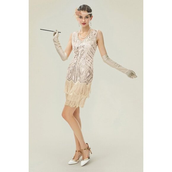 Women’s Beaded Flapper Dress 1920s Gatsby Style with Accessories Medium - Picture 2 of 5
